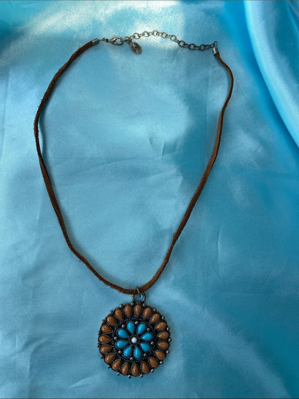 Robert Rose Brown Suede Style Necklace with Turquoise and Tan Flower Medallion